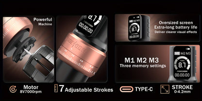 POSEIDON ZH03 Tattoo Kit with 2300mAh Adjustable-Stroke Pen, USB-C Charging, 20 Cartridges and 11 Inks