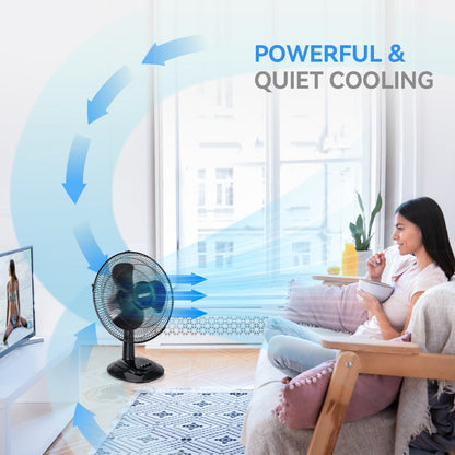Oscillating Table Fan 12 Inch Quiet 3-Speed Adjustable Tilt with Safety Grill for Home Office Bedroom Dorm Desktop Personal Cooling Fan