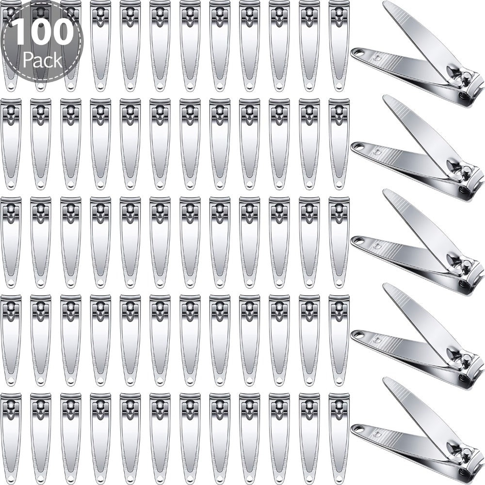 Silver Nail Clippers Bulk Pack, 100-Piece Set with Concave Cutting Edges, Tapered Corners and Lever Handles