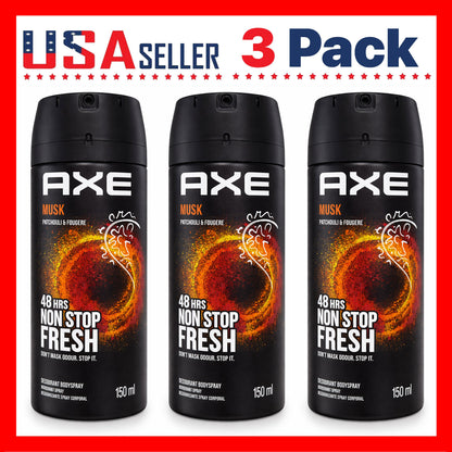 AXE Musk Body Spray Three-Pack with 150ml Black Aerosol Cans, Musk Scent Label and 5 oz Marking