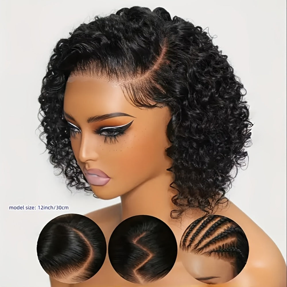 Lace Front Wig Kinky-Curly Human Hair, 8-26 Inch Natural Black with 4x4 Closure and 150% Density