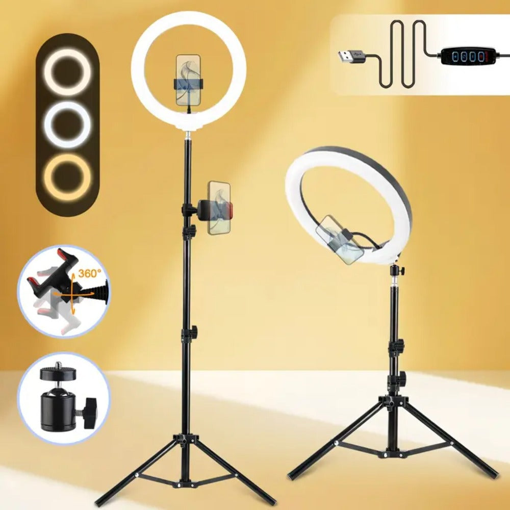 10- or 12-Inch USB Ring Light with Retractable Floor Tripod, Center Phone Holder and Lighting Options