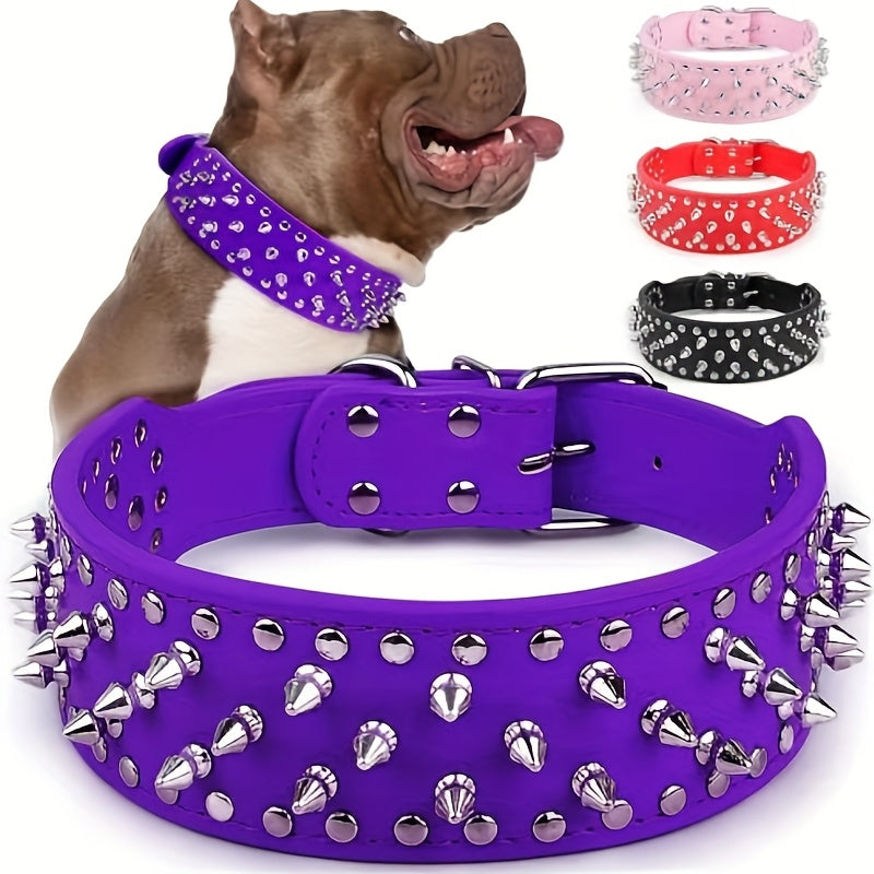 Wide Studded Dog Collar with Faux-Leather Band, Metal Spikes and Rivets in Six Colors, Sizes M and L