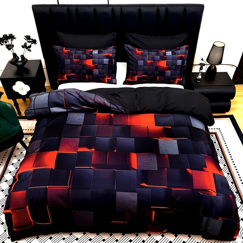 Three-Piece Plaid Duvet Cover Set with Two Pillowcases in Five Colors and Four Bed Sizes for Home and Everyday Use