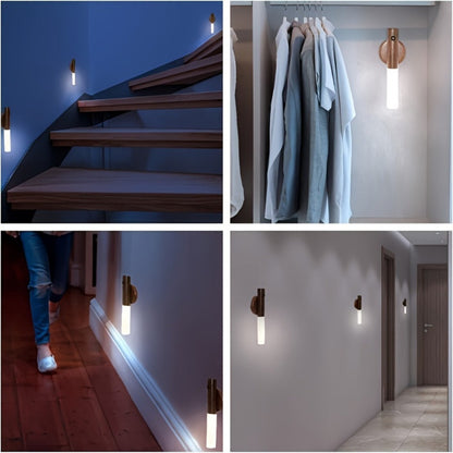 Night Light Motion Sensor Wall Lamp 2-Pack with USB Rechargeable Power, Magnetic Mount and Two Wood-Tone Finishes