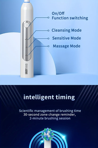 Electric Toothbrush with Eight Round Brush Heads, Three Modes, Induction Charging, IPX7 Rating and Travel Case