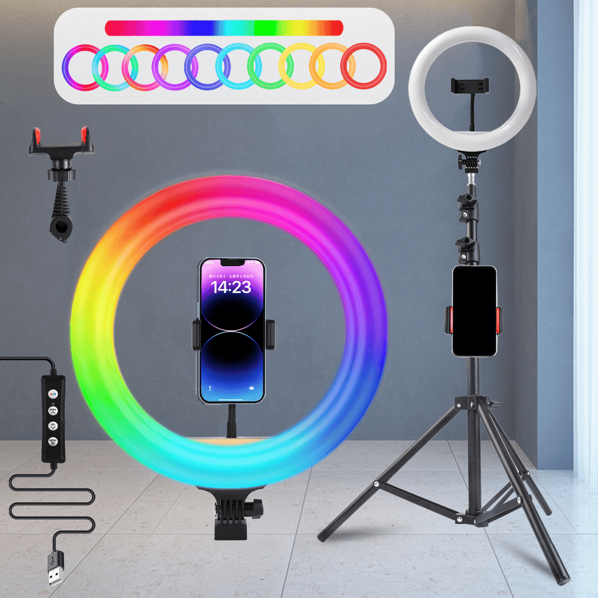 RGB LED Ring Light 43-Inch Adjustable Stand with Phone Holder USB Powered Multicolor Circle Fill for an Everyday Personal Care Routine