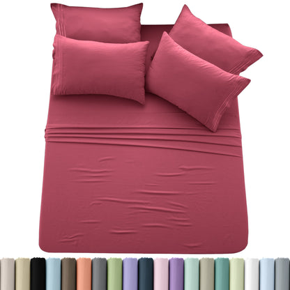 Sheet Set, Six-Piece Brushed Polyester Bedding with 16-Inch Fitted Pocket, Four Pillowcases and Twenty Colors
