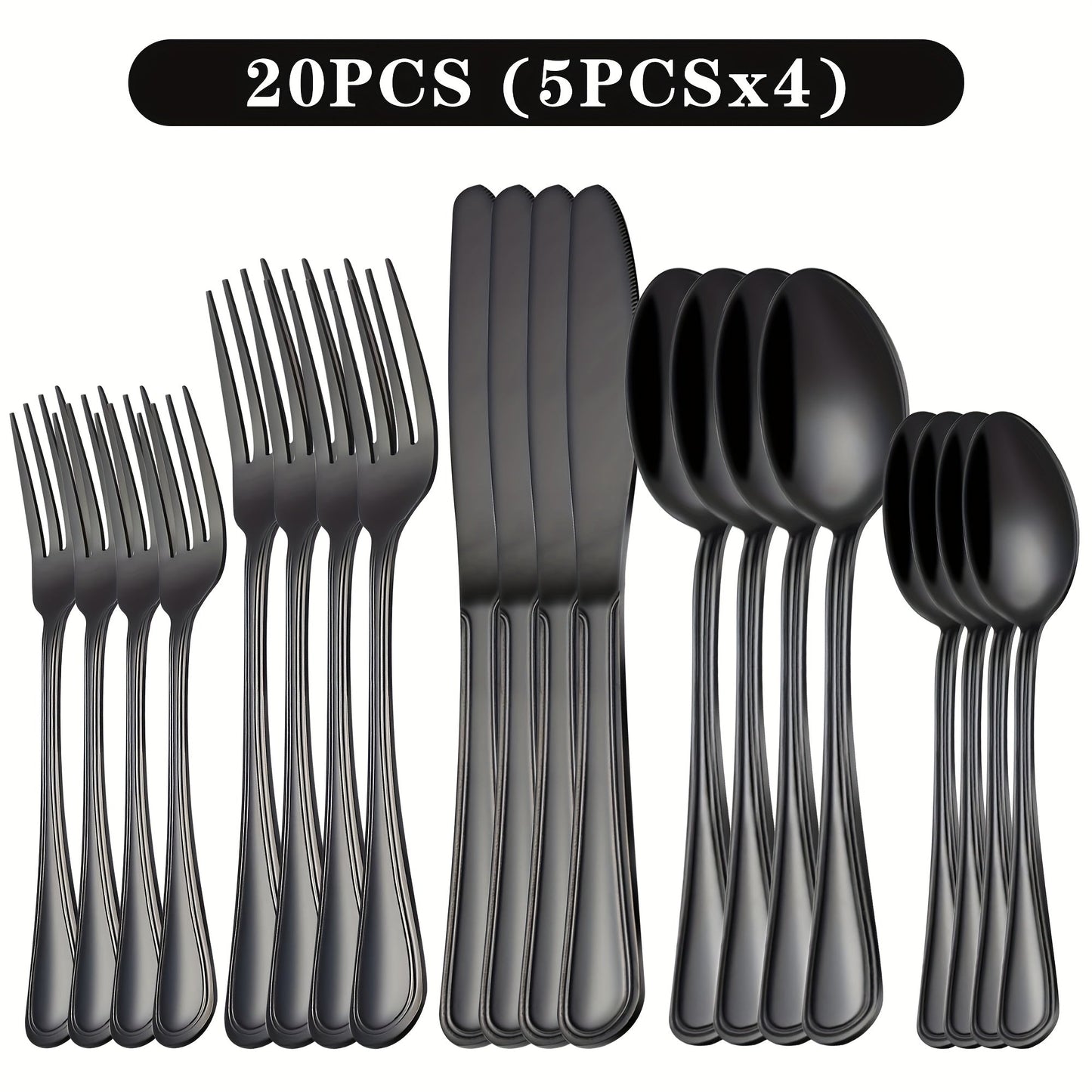 Stainless Steel Flatware Cutlery Set – Mirror Polished, Dishwasher Safe, Silver & Black Options, Service for 4 / 8 / 12 – Kitchen Utensil Set for Home, Restaurant & Wedding Gift