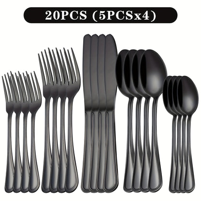 Stainless Steel Flatware Cutlery Set – Mirror Polished, Dishwasher Safe, Silver & Black Options, Service for 4 / 8 / 12 – Kitchen Utensil Set for Home, Restaurant & Wedding Gift
