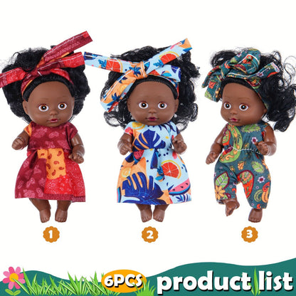 Mini Baby Doll Six-Piece Set with Dark Skin Tones, 4.53-Inch Dolls, Curly Hair and Patterned Outfits