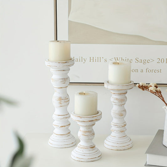 Wood Pillar Candle Holder Set of 3 - Farmhouse Rustic Wooden Candlestick Holders for Pillar Candles, Tiered Tray Decor, Table Centerpiece, Mantel Shelf Home Decor, White Black Brown