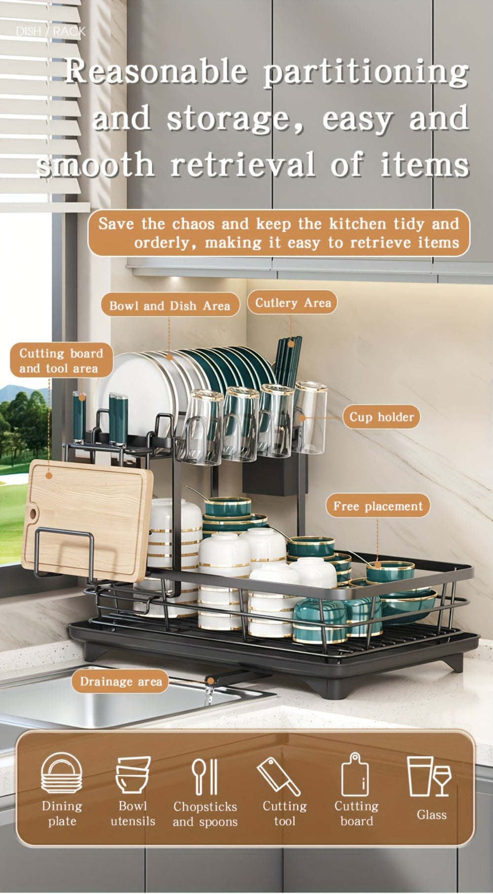 Two-Tier Dish Drying Rack, Metal Countertop Organizer with Cutlery Holder, Cup Holder and Drip Tray