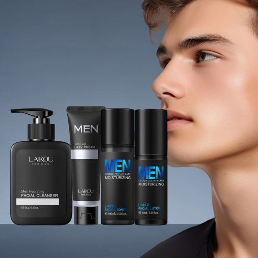 Men's Skincare Set 4pcs Complete Day Night Routine Cleanser Toner Lotion Tone-Up Cream with Glycerin Moisture Lock — Gift for Boyfriend Husband Father Dad All Skin Types