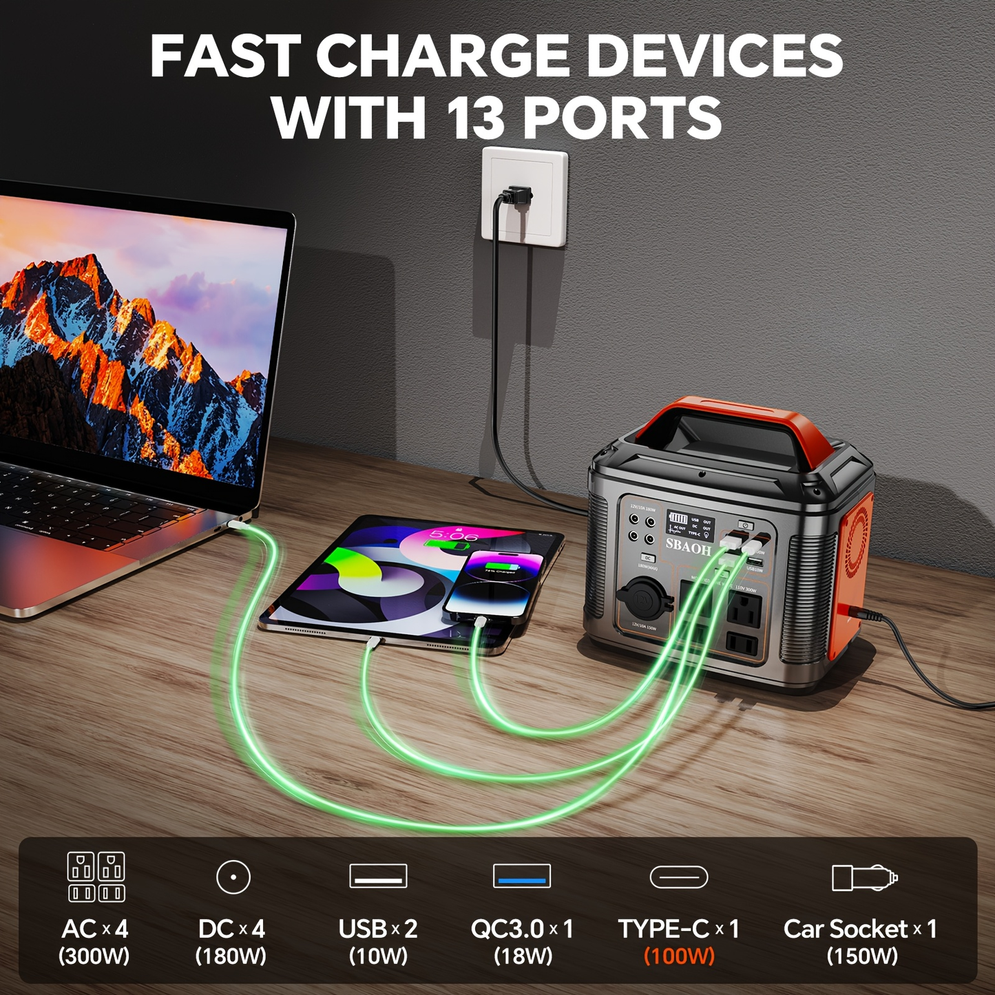 Portable Power Station 296Wh 300W with AC, DC, USB, LED Light and Optional 60W Solar Panel