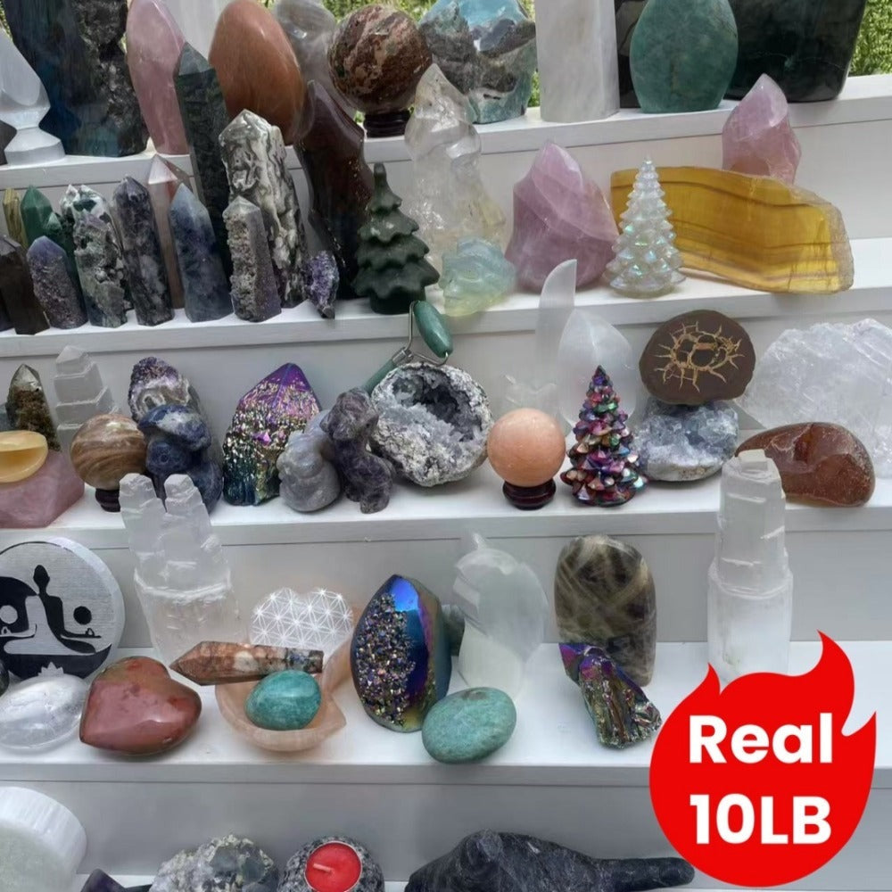 Ten-Pound Mixed Crystal and Gemstone Decorative Collection with Towers, Spheres, Clusters and Rough Stones