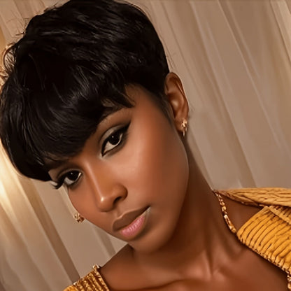 6-Inch Pixie Cut Human Hair Wig with Full Bangs, 180% Density and Black or Burgundy Color Selections