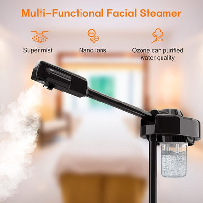 Rolling Facial Steamer with Black or White Head, Removable 250 ml Tank and Adjustable Stand Heights