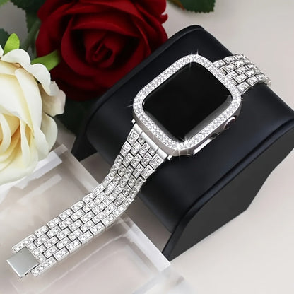 Rhinestone Diamond Bling Apple Watch Band for Women Girls – Five-Point Diamond Double-Row Crystal Strap Compatible with Apple Watch Ultra 2 Series 10 9 8 7 6 5 4 3 2 1 SE 38 40 41 42 44 45 49mm Gift
