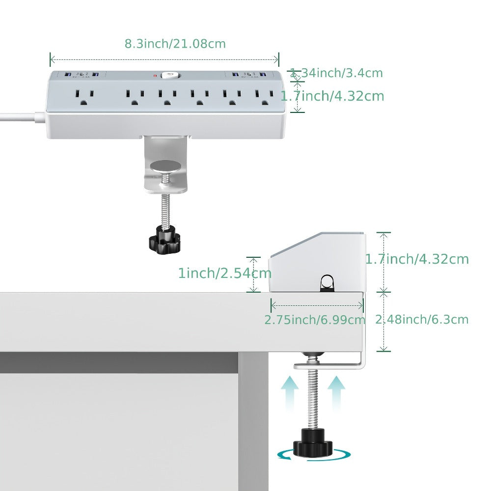 Desk Clamp Power Strip 12-in-1 Surge Protector with 6 Outlets 4 USB-A 2 USB-C PD 20W 40W Fast Charging Desktop Mount Flat Plug for Home Office Tabletop