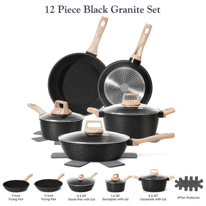 Cookware Set, 12-Piece Granite-Coated Aluminum Pots and Pans with Glass Lids, Pan Protectors and Two Color Options
