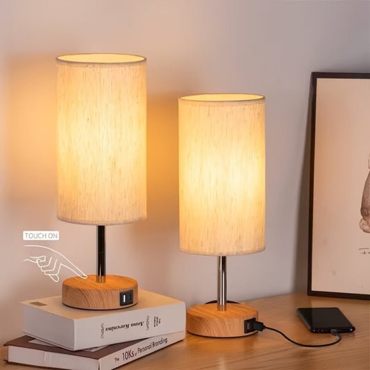 Table Lamp with Burlap Drum Shade, Wood Base, Three-Way Touch Dimming, USB-C Port and AC Outlet