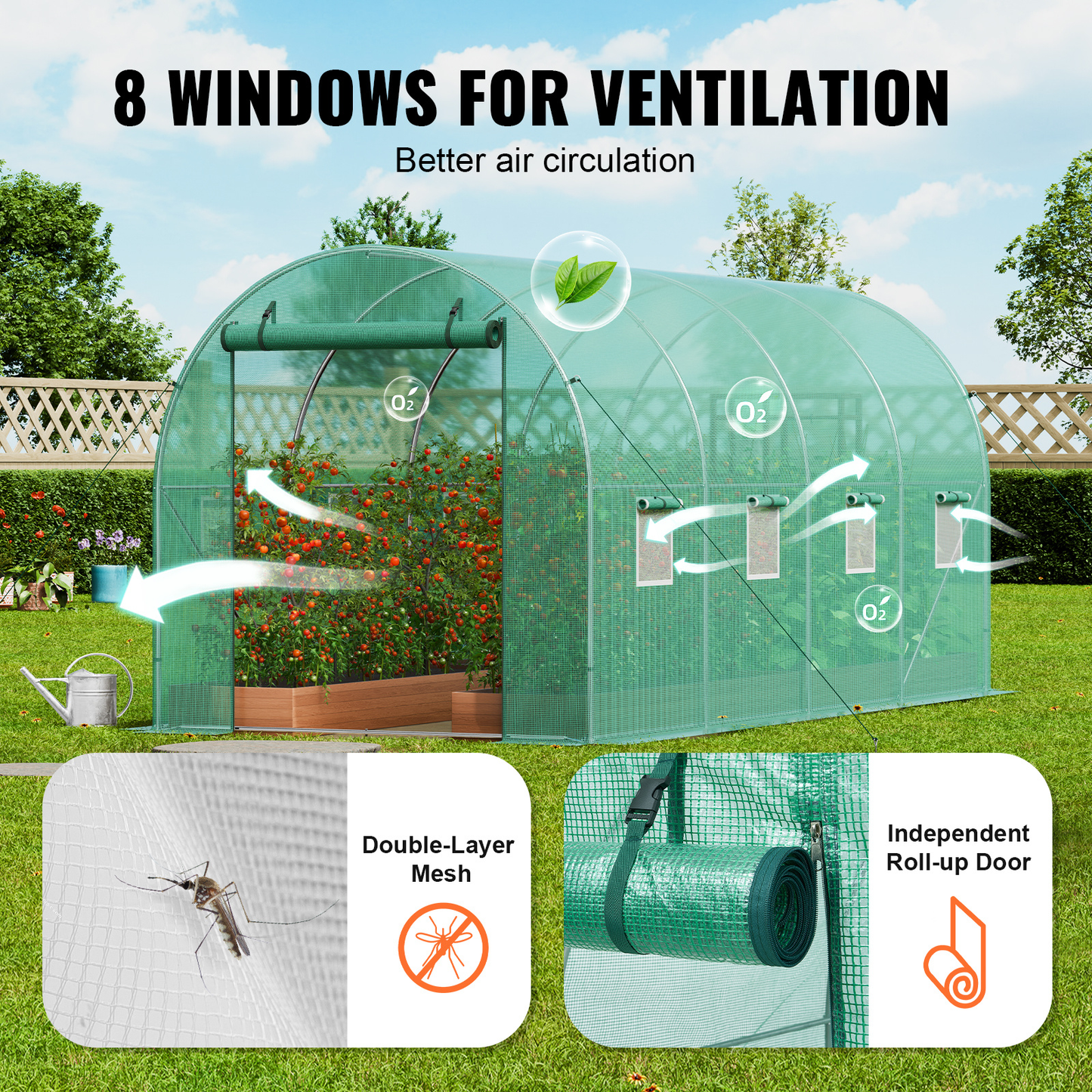 10- to 20-Foot Tunnel Greenhouse with Green Cover, Roll-Up Door and Size-Specific Vent Windows