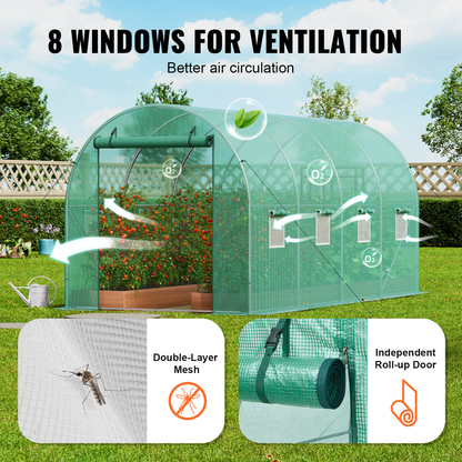 10- to 20-Foot Tunnel Greenhouse with Green Cover, Roll-Up Door and Size-Specific Vent Windows