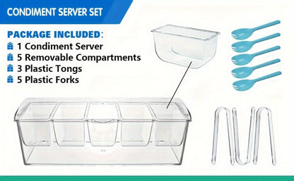 Bar Serving Tray on Ice with 5 Compartments & Lid – Garnish Condiment Platter with 5 Forks & 3 Pliers, Clear Fruit Tray for Bar, Party & Entertaining