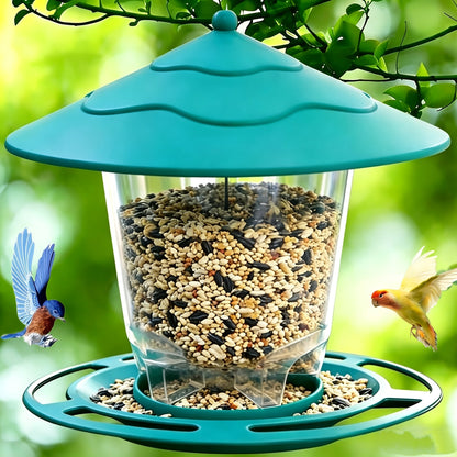 Hanging Bird Feeder with Tiered Roof, Clear Seed Chamber and Brown, Grey or Green Finish Options