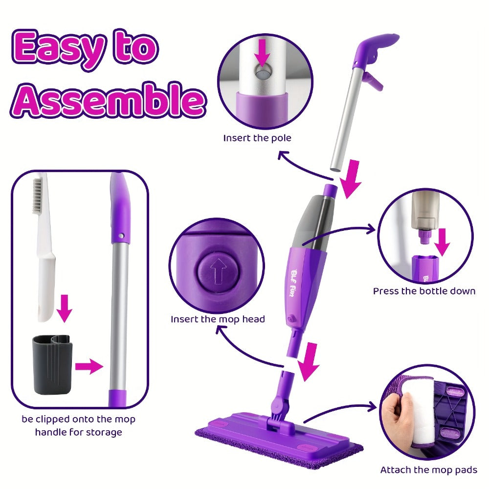 Purple Pretend Play Spray Mop Set with 29-Inch Sectional Handle, Squeeze Trigger and Two Mop Pads