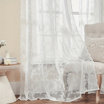Two-Panel Floral Lace Window Curtain Set with Rod-Pocket Top, Three Colors and Six Metric Size Options
