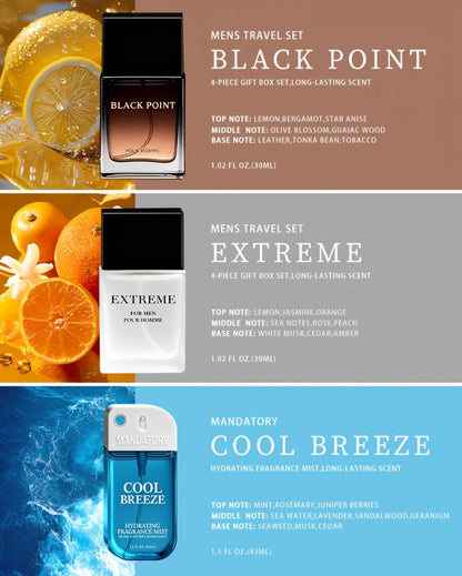 Perfume Gift Set for Men with Four 30ml Eau de Parfum Bottles, 1.5oz Body Mist and Black Box