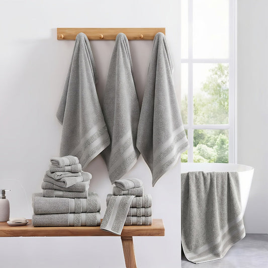 Towel Set 12 or 24 Piece Cotton Collection with Bath, Hand and Washcloth Formats in Seven Colors
