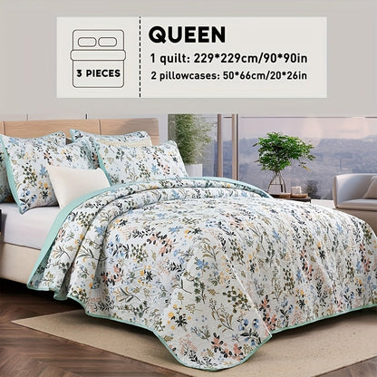 Reversible Botanical Microfiber Quilt Set with Pillow Shams, Five Patterns and Twin, Full/Queen or King Sizes