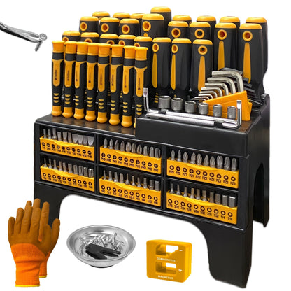 121-Piece Screwdriver Rack Set with Drivers, Bits, Hex Keys, Gloves, Magnetic Bowl and Nail Puller