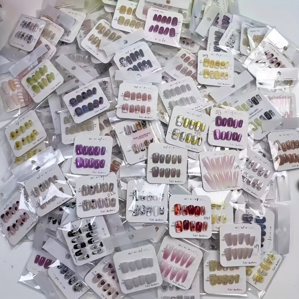 288pcs Press On Nails Mixed Color Square – White French Stripes Brown Blue Purple Gradient Glitter Heart Leaf Matte Reusable Fake Nails | Holiday Manicure Kit for Women | Valentine Christmas Easter
