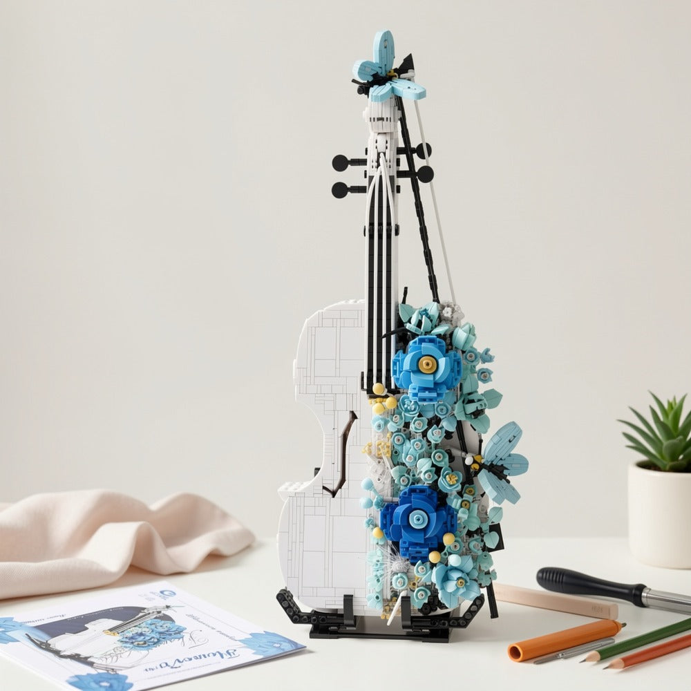 1419-Piece Flower Violin Building Block Model with Brick-Built Stand, Blue Blooms and Panel Detail