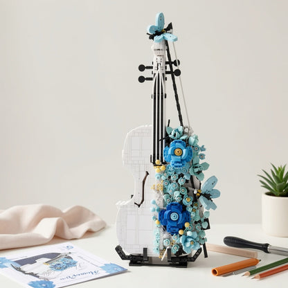 1419-Piece Flower Violin Building Block Model with Brick-Built Stand, Blue Blooms and Panel Detail