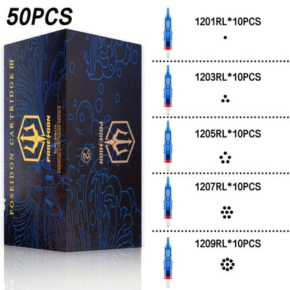 Tattoo Cartridge Needles with POSEIDON V3 Label, 50-Piece Mixed, RL-Only or RS-Only Pack Choices