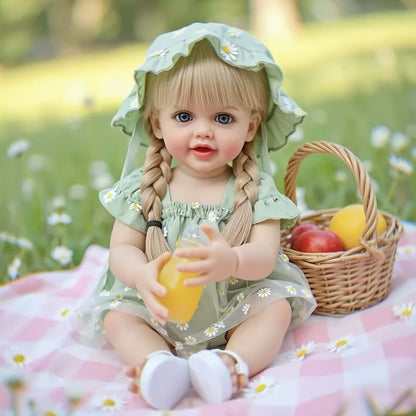 Reborn Baby Doll 22-Inch Full Vinyl Design with Long Blonde Hair, Open Eyes, Green Outfit and Accessories