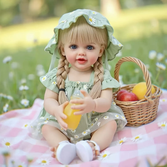 Reborn Baby Doll 22-Inch Full Vinyl Design with Long Blonde Hair, Open Eyes, Green Outfit and Accessories