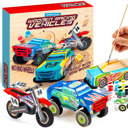 Build and Paint Wooden Vehicle Kit for Kids 144 Pieces, Race Car Motorcycle Monster Truck, 12 Colors 3 Brushes Racing Decals