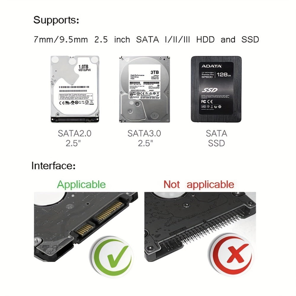 2.5 Inch External Hard Drive Enclosure USB 2.0 to SATA III Converter - Supports Up to 6TB HDD SSD, UASP High-Speed Transfer, Tool-Free Installation, ABS, Compatible with 7mm & 9.5mm Drives (Drive Not Included)