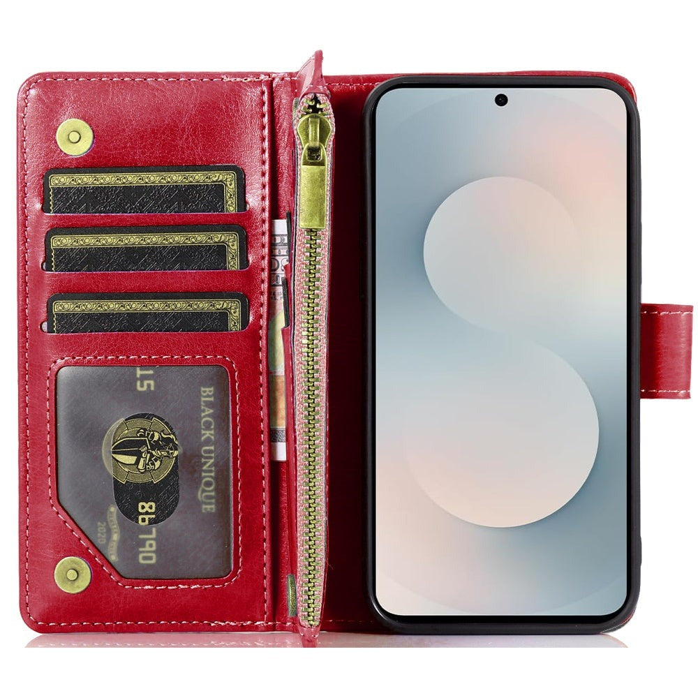 Phone Case Faux Leather Folio Wallet with Card Slots, ID Window and Zipper Pocket for Samsung Galaxy S25 FE