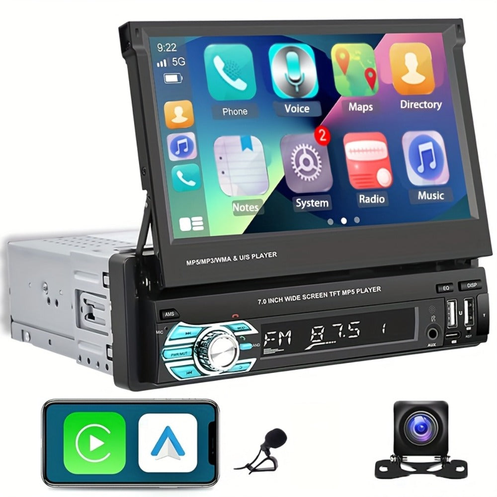 Single Din Car Stereo 7 Inch Flip Out Touchscreen - Wireless CarPlay & Android Auto, 1080P HD, FM Radio, SWC, Voice Control, USB/Type-C/AUX, Backup Camera Compatible
