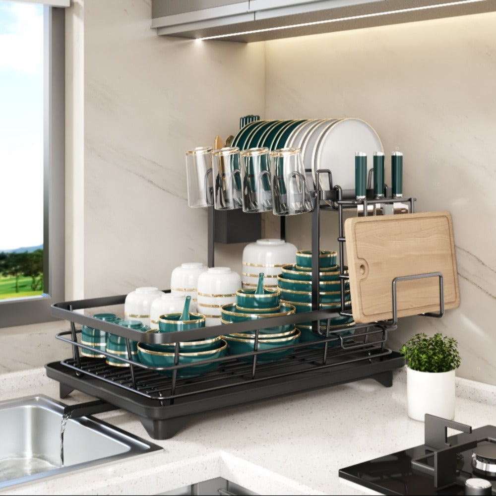 Two-Tier Dish Drying Rack, Metal Countertop Organizer with Cutlery Holder, Cup Holder and Drip Tray