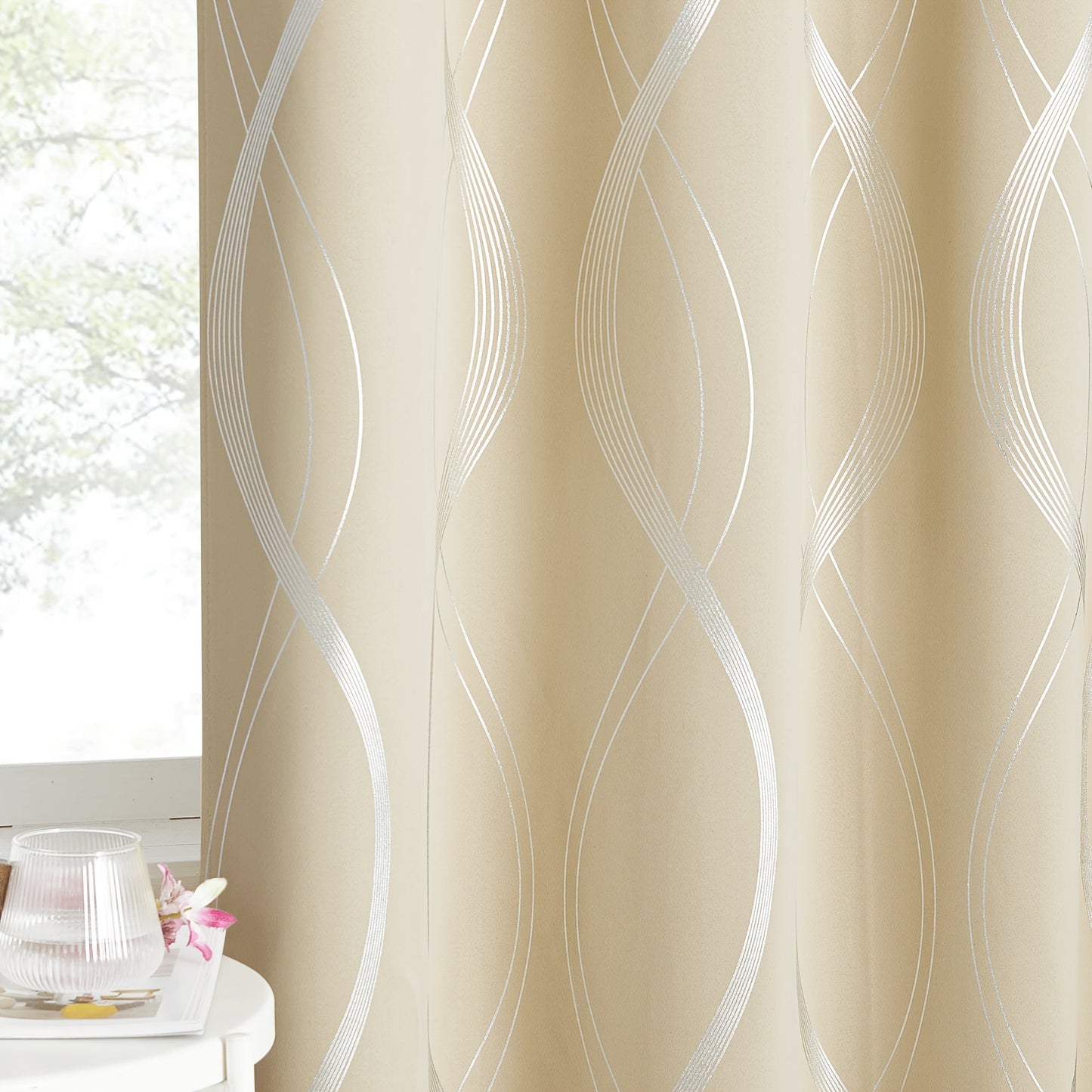 Two-Panel Wave-Line Foil Print Blackout Curtains in 10 Colors with 42- or 52-Inch Width Options