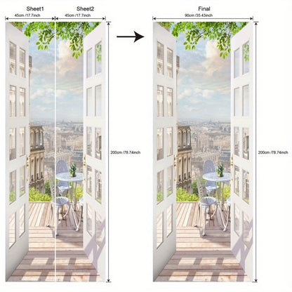 Balcony-View Door Mural Panel Set with Two 17.7-Inch Sheets and 35.43 x 78.74-Inch Final Scene