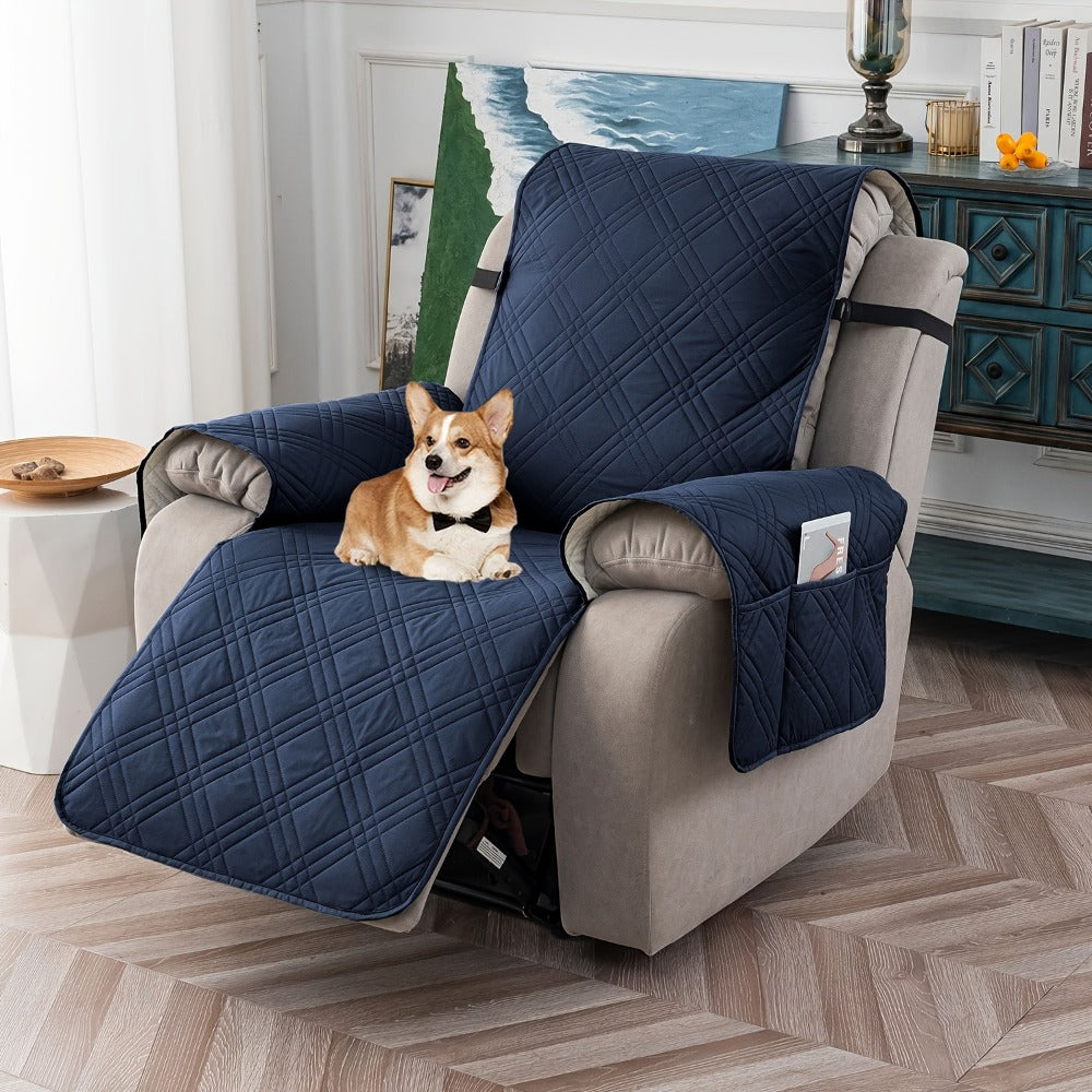 Chair Cover Quilted Recliner Throw with Side Pocket, Elastic Straps and Buckle in Ten Colors